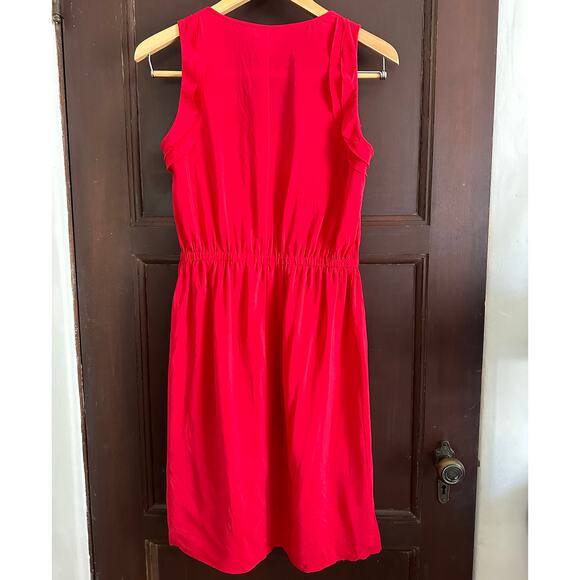 LOFT | Petites Red Silk V Neck Ruffle Trim Sleeveless Dress | Size 6 Petite - Picture 4 of 4
